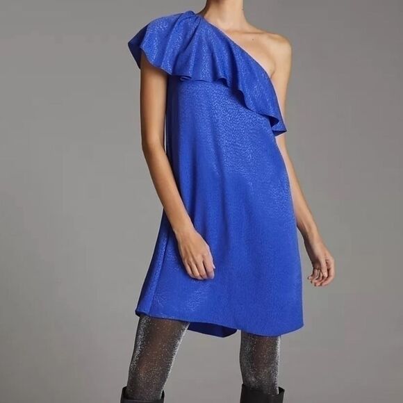 Anthropologie Ruffled One-Shoulder Mini Dress in Blue, Size 0 NWOT - Picture 1 of 13